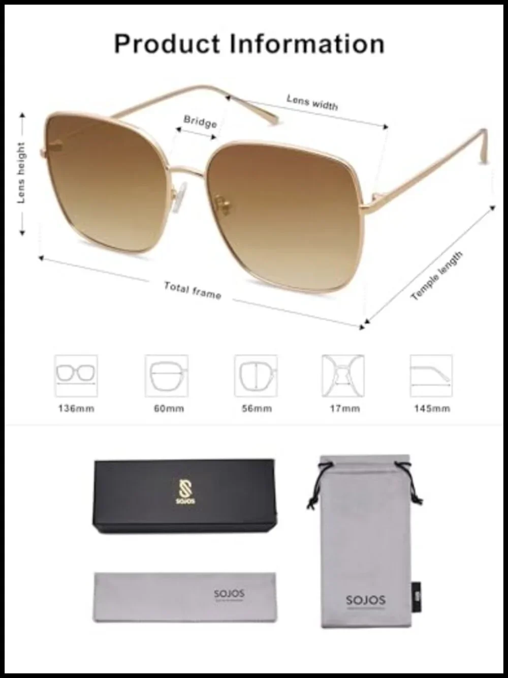 Oversized Square Metal Frame UV Protection Sunglasses